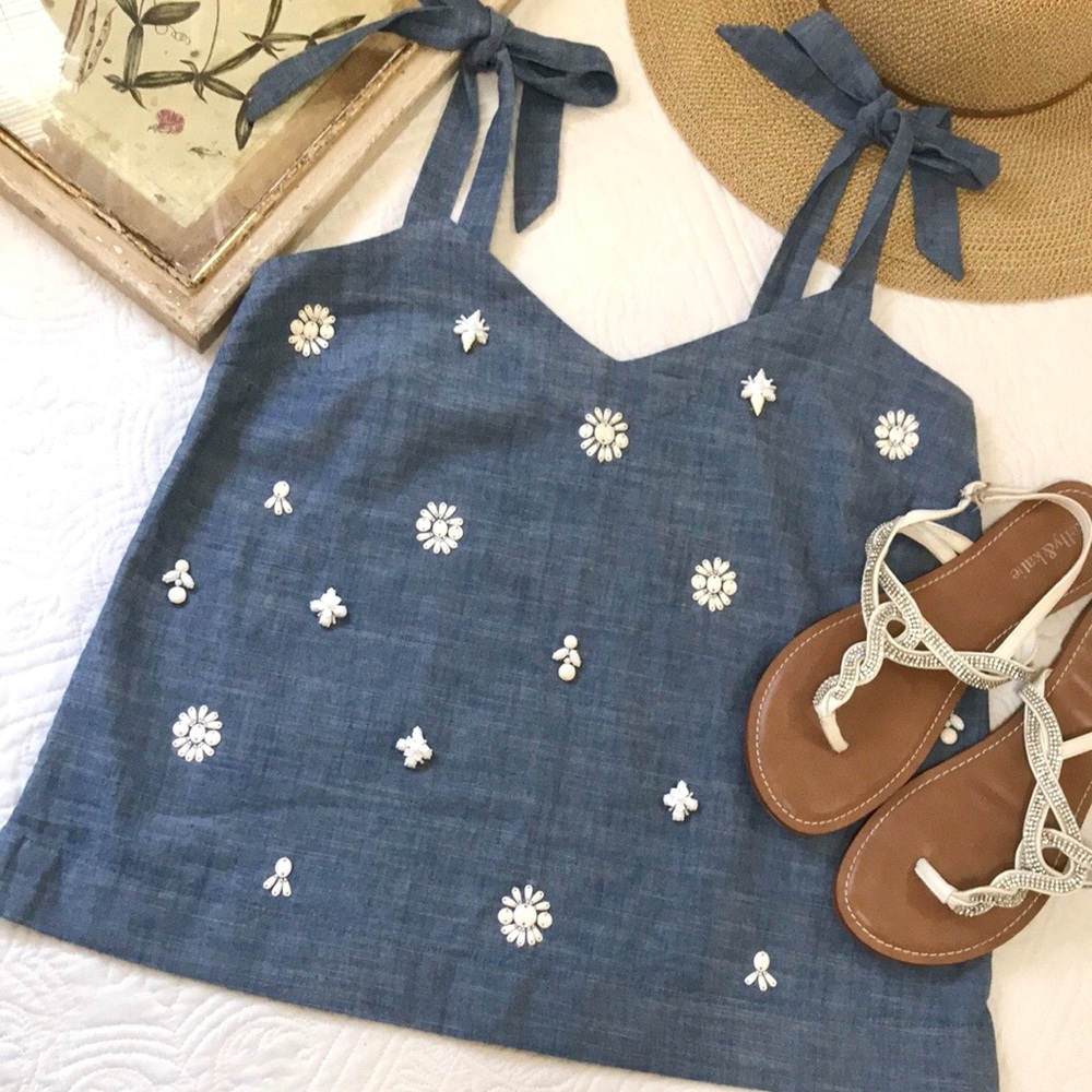 J. Crew Chambray Embellished Tie Shoulder Top
